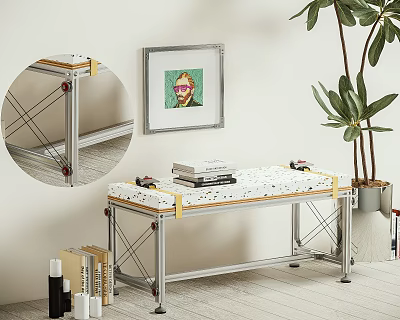 Modern Indoor Stool With Aluminum Frame Wooden Surface And Decorative Books Plant 3d model