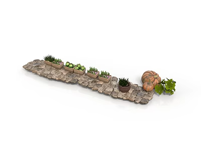 Rustic Stone Pathway With Multiple Potted Plants Green Foliage And Fresh Pumpkin 3d model