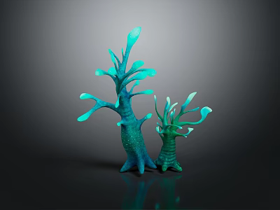 Playful Cartoon Scene With Turquoise And Green Tree Like Creatures On Black Reflective Surface 3d model