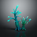 Playful Cartoon Scene With Turquoise And Green Tree Like Creatures On Black Reflective Surface