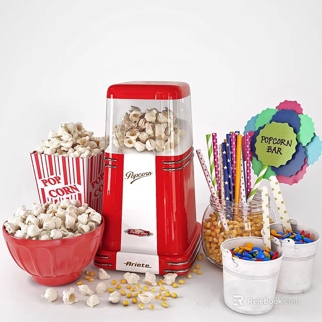 Fresh Popcorn From Red Maker In Paper Boxes Red Bowl For Colorful Popcorn Bar 3d model 