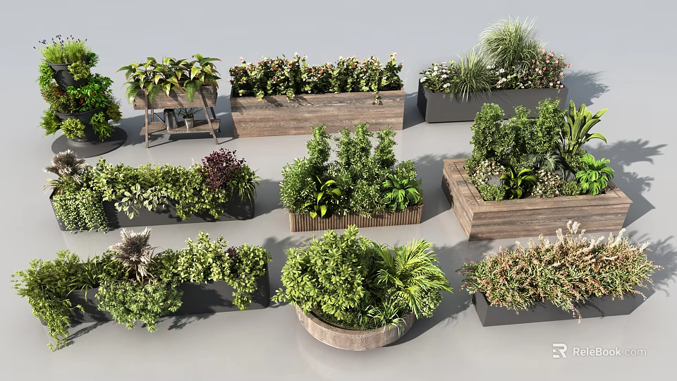 Small Garden Decorative Features With Wooden Planters Various Plants And Green Foliage 3d model 