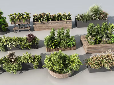 Small Garden Decorative Features With Wooden Planters Various Plants And Green Foliage 3d model