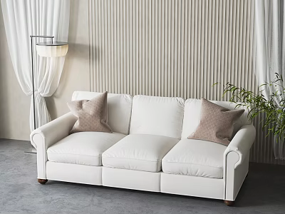 White Three Seater Sofa with Brown Cushions Vertical Striped Wall and Green Plant 3d model