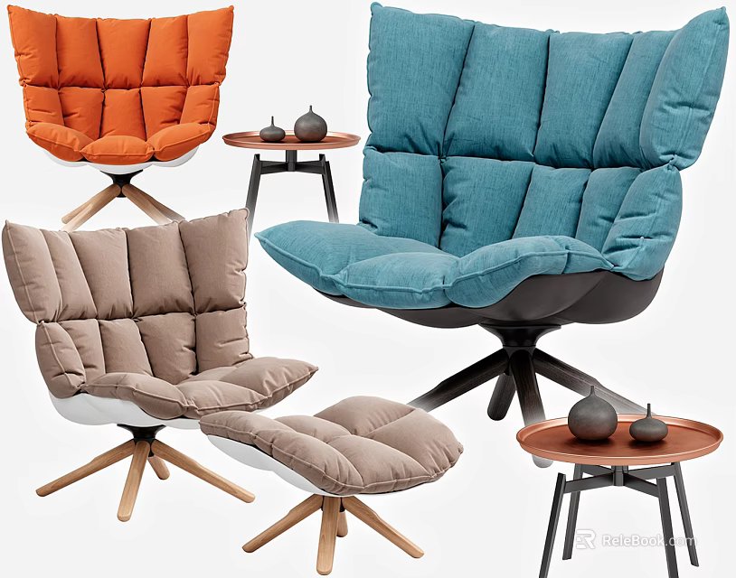 Modern Padded Accent Chairs in Multiple Colors with Ottoman and Side Tables for Home Decor 3d model 