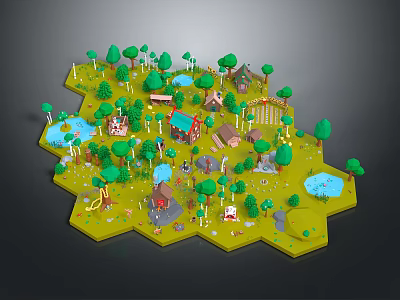 Cartoon Scene Of Hexagonal Green Meadow With Small Colorful Houses Trees Ponds And Paths 3d model