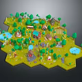 Cartoon Scene Of Hexagonal Green Meadow With Small Colorful Houses Trees Ponds And Paths
