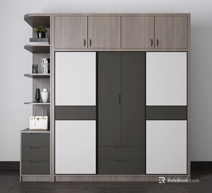Modern Wardrobe Interior Design With Gray White Panels Drawers And Side Shelves With Books Plant 3d model 