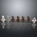 Graduated Color Bust Sculptures Arranged in a Row on Dark Background with Reflections