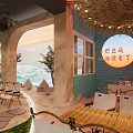 Sunset Beach Themed Restaurant With Arched Design Palm Trees Wooden Tables And Outdoor Seating