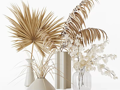 Decorative Vases in Various Shapes With Golden Palm Leaves Dried Leaves and White Flowers 3d model