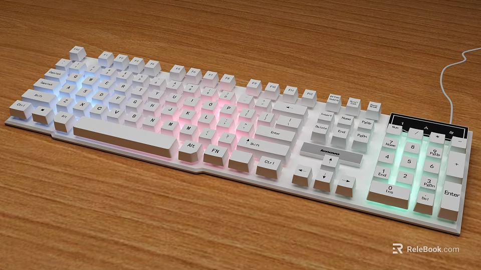 Modern Full Size White Computer Keyboard With RGB Backlit On Wooden Desk 3d model 