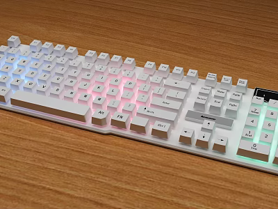 Modern Full Size White Computer Keyboard With RGB Backlit On Wooden Desk 3d model
