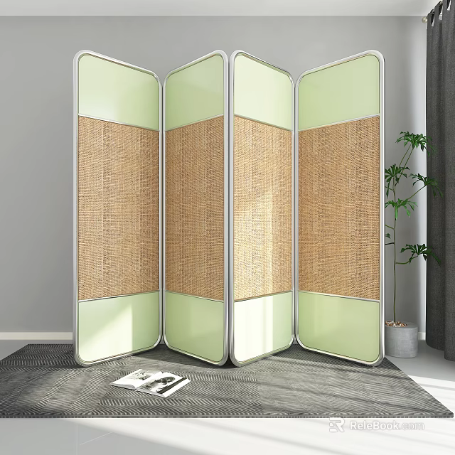Four Panel Green Frame Woven Screen with Natural Texture for Home Interior 3d model 