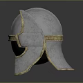 Warrior Helmet With Silver Metallic Surface Golden Decorative Bands And Retro Side Protectors