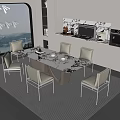 Modern Restaurant Interior With Large Window City View Marble Dining Table Chairs And Open Kitchen 3d model