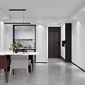 Modern Living Dining Room Open Concept Black Sofa Round Coffee Table White Walls Gray Tiles