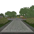 Scenic Garden Landscape With Stone Paved Path Lush Hedges Tall Trees And Blue Sky Clouds