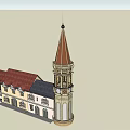 Classical Commercial Complex With Decorative Red Roof Tower And Multi Story Building 3d model