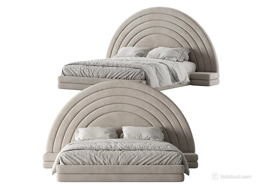 Modern Beige Double Bed with Arched Rainbow Shaped Headboard Velvet Upholstered and Soft Bedding Pillows 3d model 