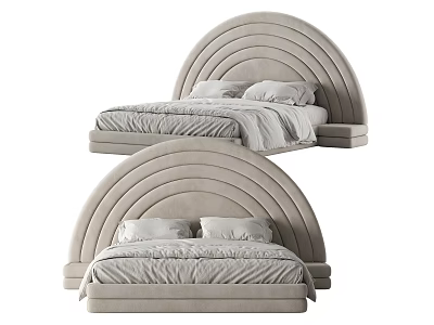 Modern Beige Double Bed with Arched Rainbow Shaped Headboard Velvet Upholstered and Soft Bedding Pillows 3d model