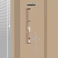 Modern Rainfall Shower Head in Beige Bathroom with White Blinds and Shelf Storage