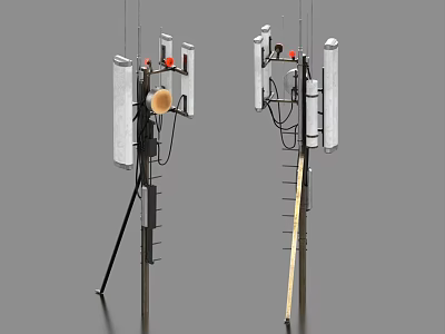 Two Metal Pole Mounted Industrial Equipment With Ladder And Horn Shaped Devices 3d model