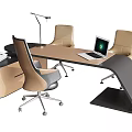 Modern Office Desk Interior With Ergonomic Chair Laptop And Table Lamp
