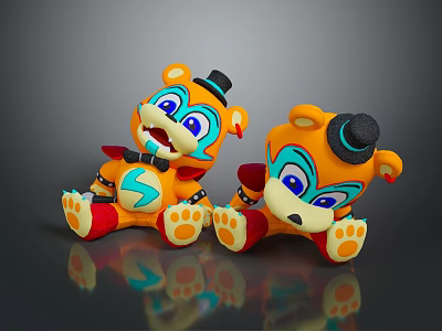 Cute Orange Plush Toy Bears With Black Top Hats Blue Eyes And Red Shoes 3d model