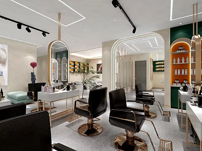 Modern Hair Salon Interior With Black Styling Chairs Mirrors Workstations And Green Accents 3d model