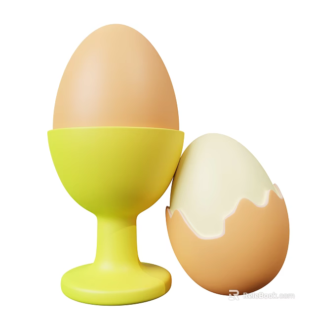 Fresh Eggs In Yellow Egg Cup With Peeled Shell And Runny White 3d model 