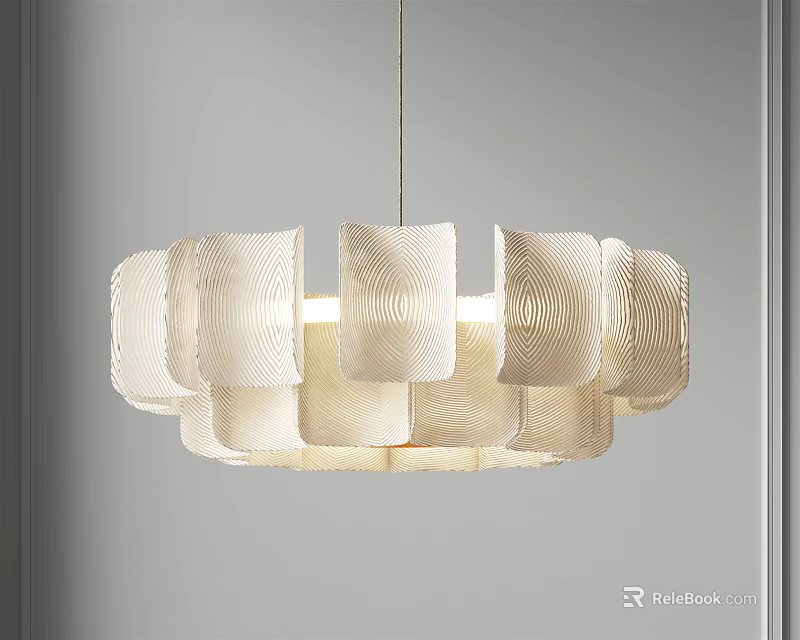 Modern White Chandelier With Wavy Petal Design Hanging In Gray Room With Soft Light 3d model 