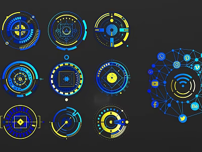 Blue And Yellow Lines Form Circular Interface Elements With Dials Network Icons On Black Background 3d model