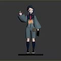 3D Animated Character With Blue Hair Green Outfit Orange Bag And Notebook On Black Base