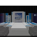 Modern Blue Stage Setup With Lighting Backdrop Brand Logos And Seats 3d model