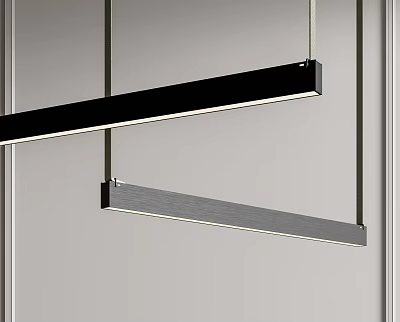 Modern Linear Chandelier With Two Metal Bars Hanging In Minimalist Interior Design 3d model