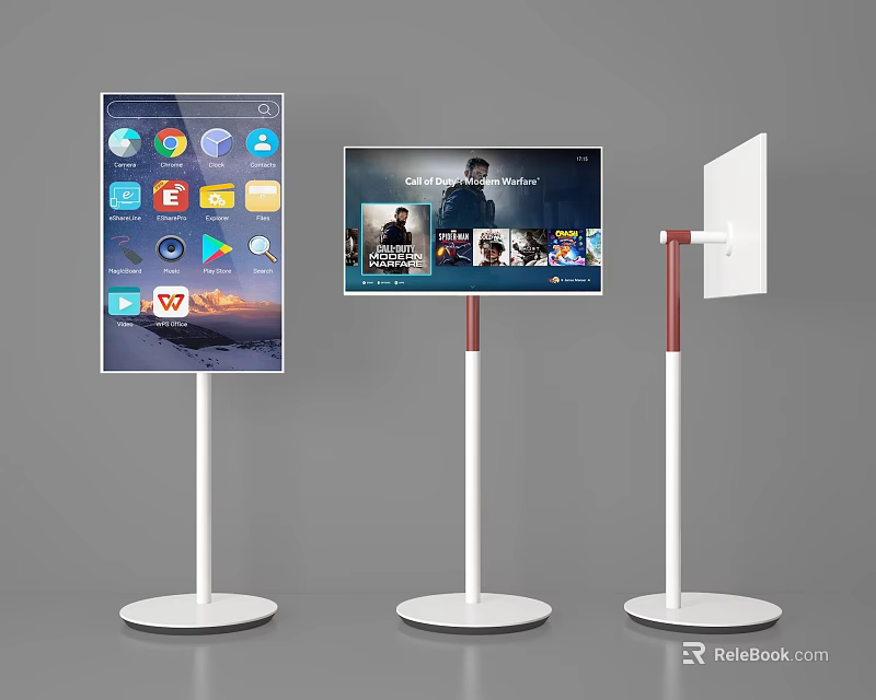Modern Televisions with White Red Stands Displaying Apps and Video Content 3d model 