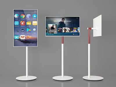 Modern Televisions with White Red Stands Displaying Apps and Video Content 3d model