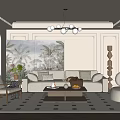 Modern Living Room With Beige Sofa Wooden Coffee Table Tropical Wall Art And Chandelier