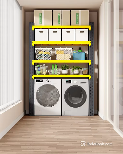 Practical Laundry Room Storage Rack With Storage Boxes Baskets Washing Machines And Plants 3d model 