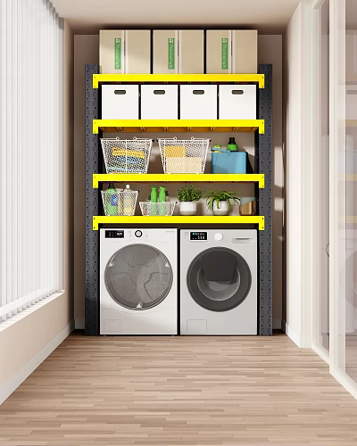Practical Laundry Room Storage Rack With Storage Boxes Baskets Washing Machines And Plants 3d model