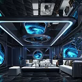 Modern KTV Lounge Interior With Blue Lighting Circular Windows And Comfortable Sofa Seating 3d model