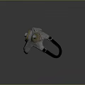 Futuristic Weapon Helmet in Silver and Gold with Metallic Texture Central Circular Dial and Side Components