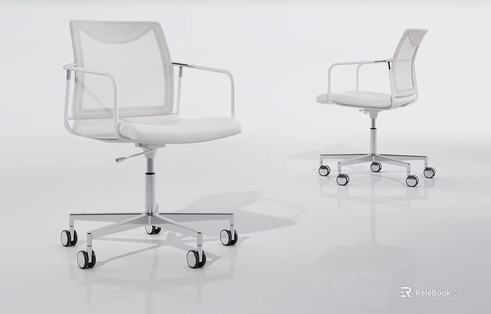 White Office Chair With Mesh Back Metal Armrests And Wheeled Base 3d model 