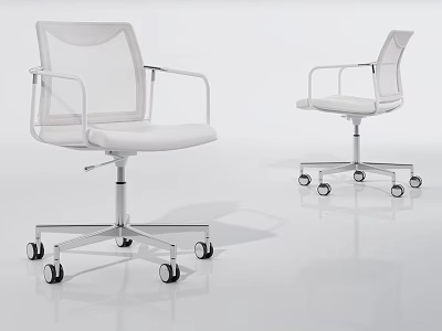 White Office Chair With Mesh Back Metal Armrests And Wheeled Base 3d model