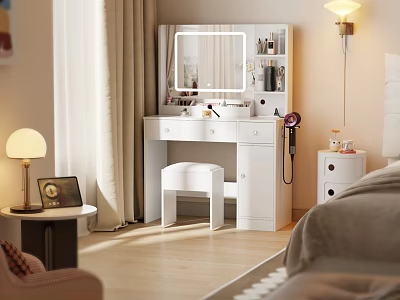 Modern White Dressing Table With Mirror Drawers Stool And Hair Dryer In Bright Bedroom 3d model