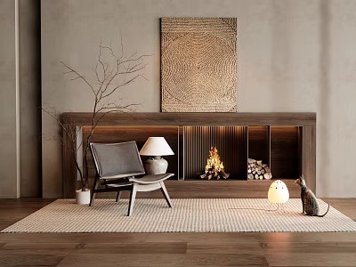 Modern Fireplace Interior Design With Accent Chair Table Lamp And Wool Rug 3d model