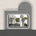 Modern Arched Window Showcase With Dark Clothing Mannequin Green Plant Leaves And Display Table