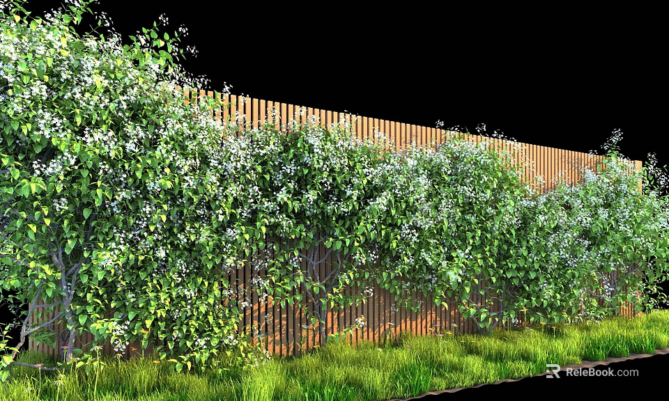 Vines Covering Wooden Fence With Green Leaves White Flowers And Grass 3d model 
