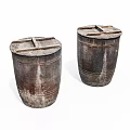 Two Traditional Ceramic Vessels with Wooden Lids and Textured Vintage Surface Appearance
